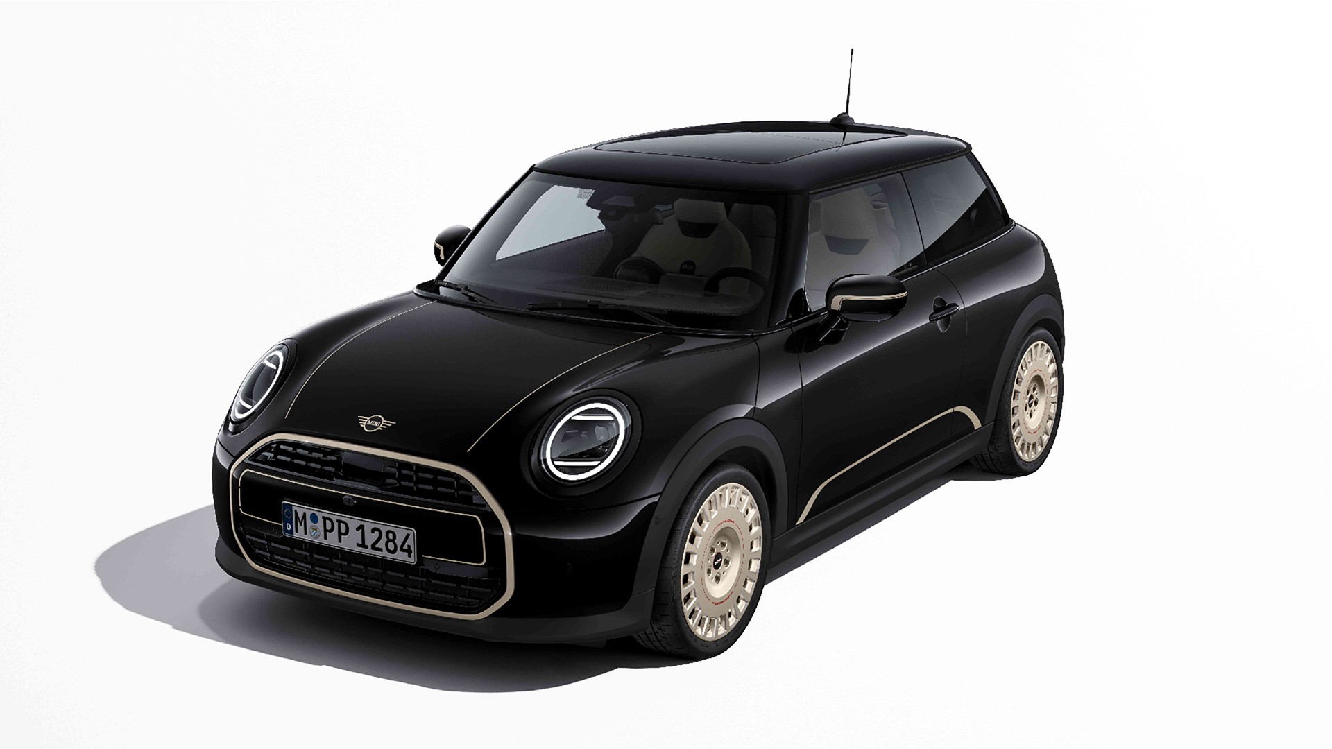 Front view of MINI Convertible in Blue with MINI Favoured bonnet decals in Silver.